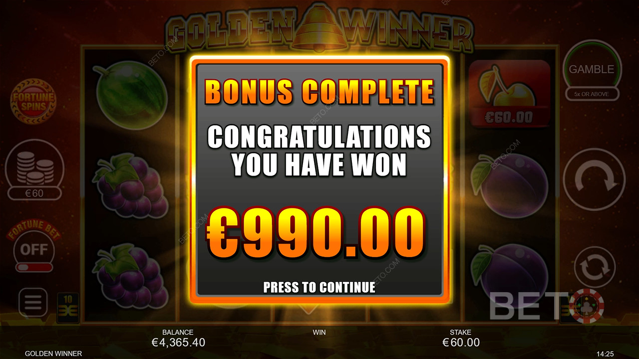 Vinn 2 500 gånger din insats i spelautomaten Golden Winner!
