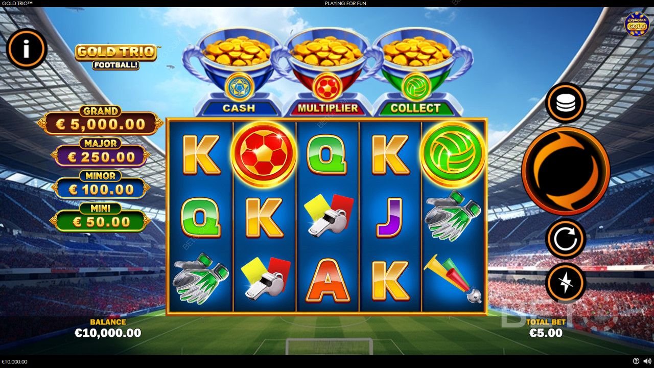 Vinn 1 000 gånger din insats i Gold Trio: Fotboll! Video Slot!