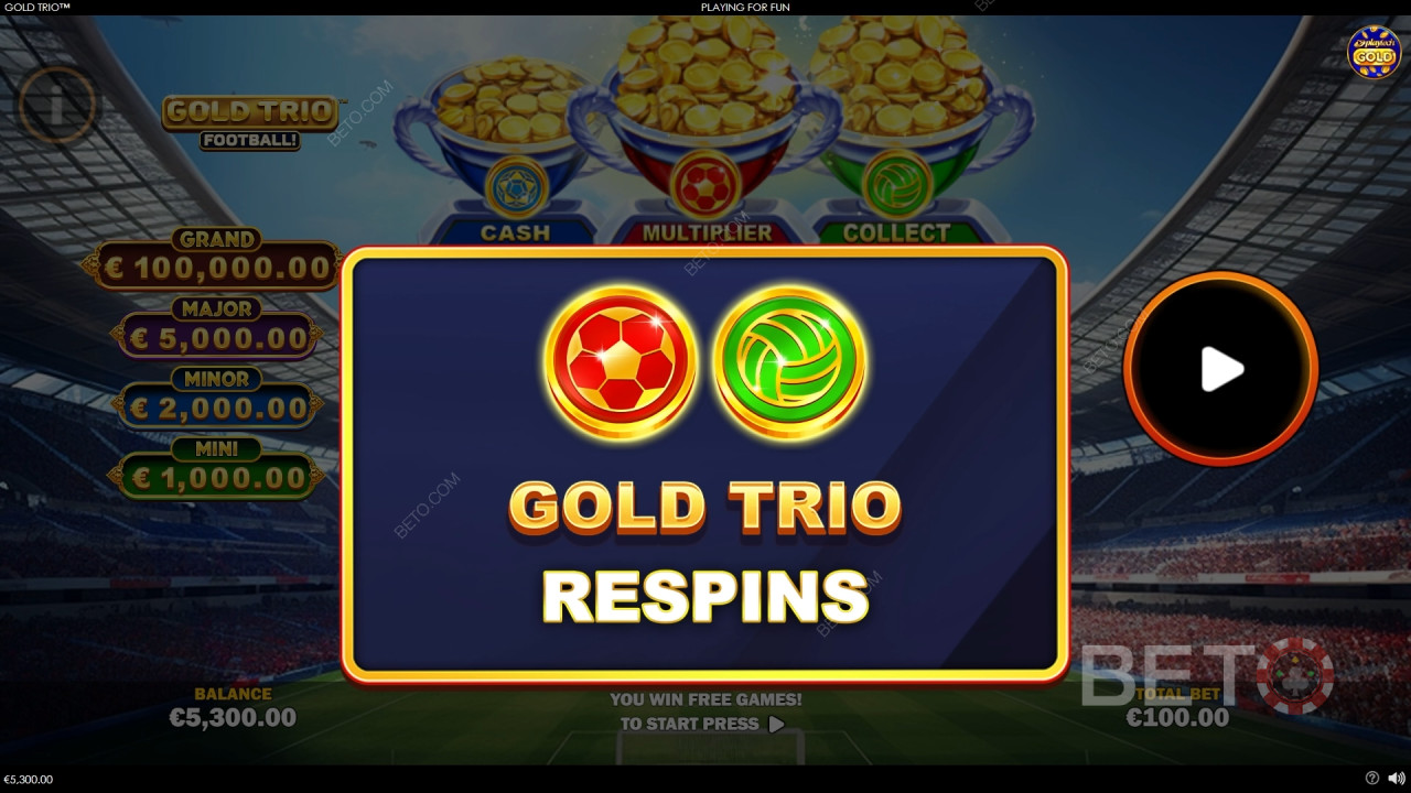 Bonusfunktioner förklarade i Gold Trio: Football! av Playtech