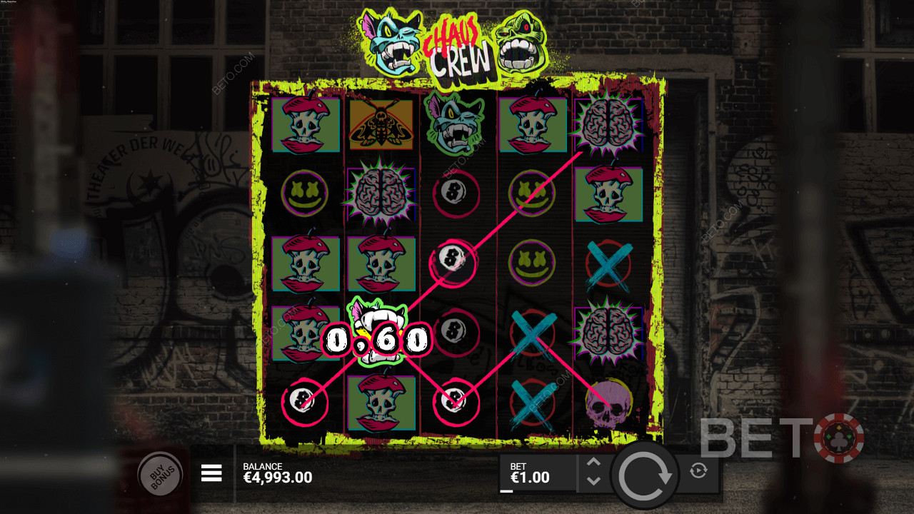 Få mellan 3-5 identiska symboler för att vinna i Chaos Crew slot.