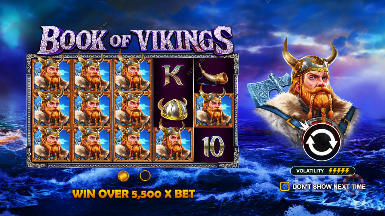 Vinn vinster som är värda upp till 5 500 gånger insatsen i den mycket volatila spelautomaten Book of Vikings.