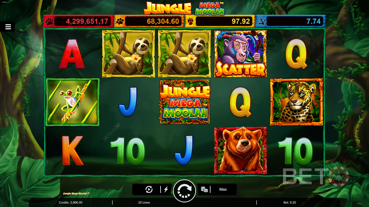 Njut av Multiplier Wilds, Free Spins och fyra progressiva jackpottar i Jungle Mega Moolah slot.