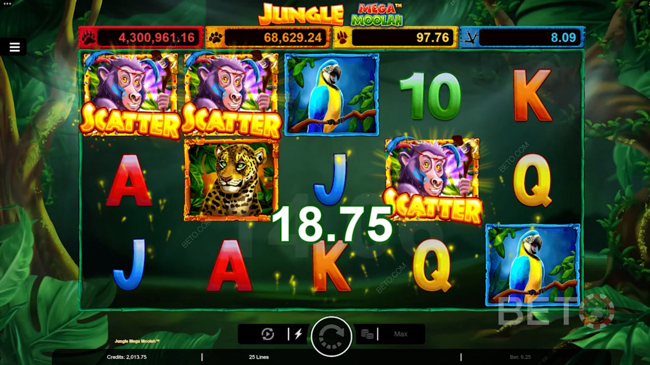 Få 3 Monkey Scatter för att trigga Free Spins i Jungle Mega Moolah online slotspel.