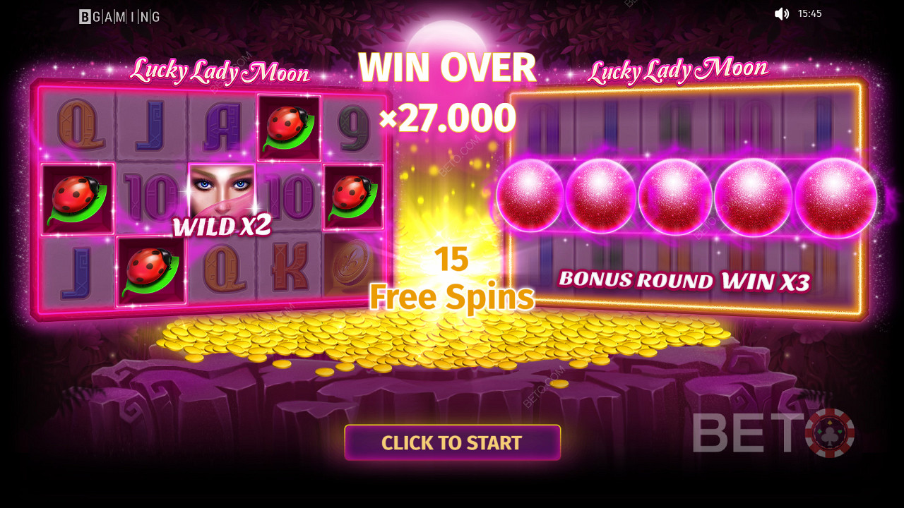 Fortsätt spela för att vinna priser som är värda upp till 27 000x insatsen i Lucky Lady Moon slot.