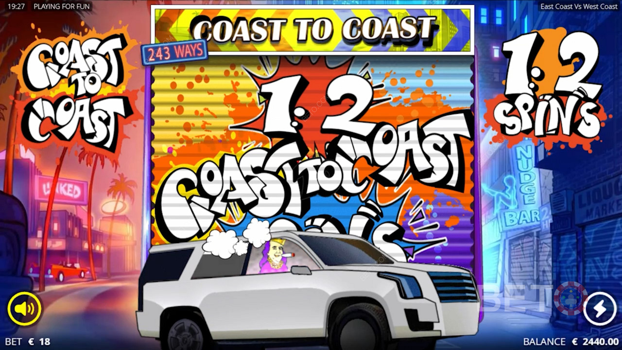 Njut av Coast to Coast Spins genom att få 5 bonussymboler på hjulen.