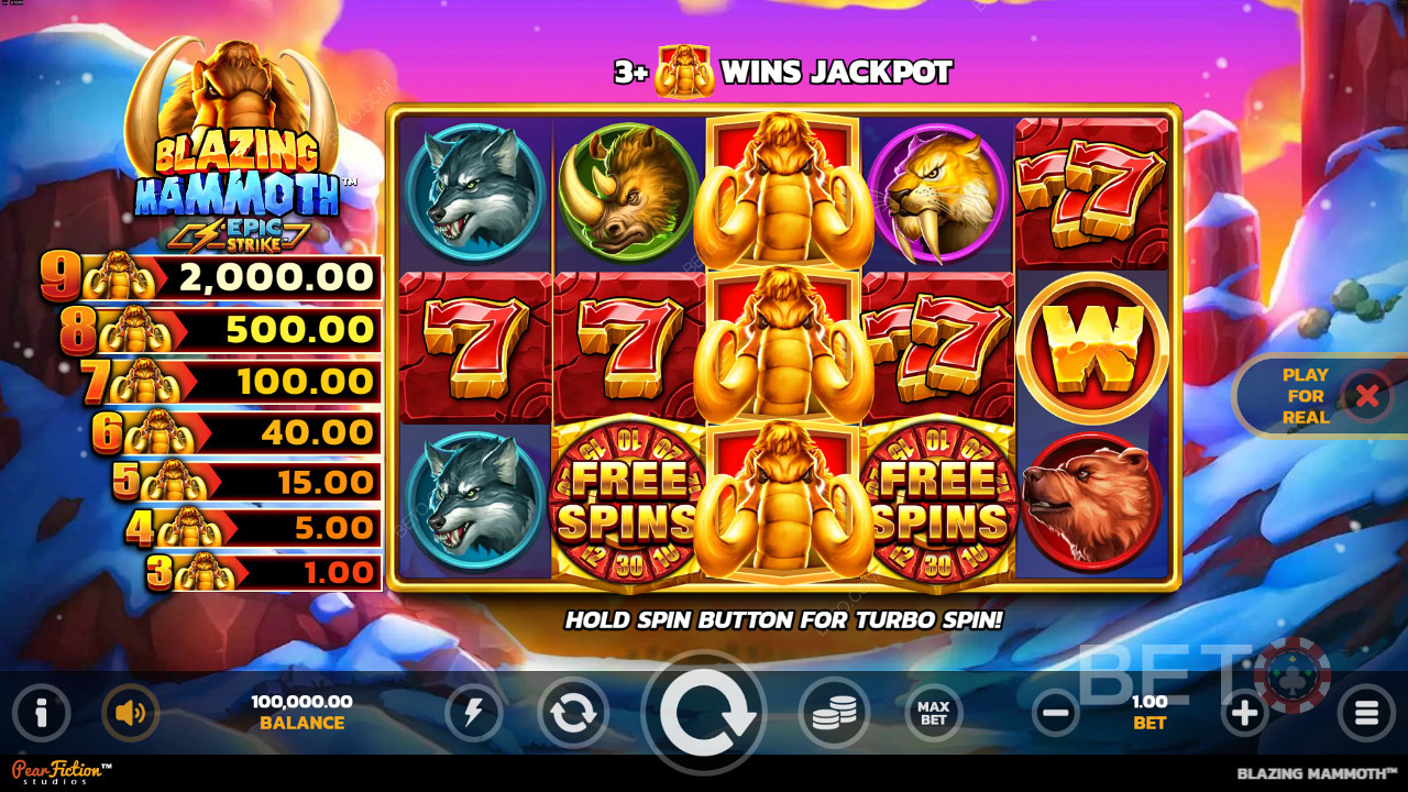 Få 3 eller fler Mammut-symboler var som helst för att få vinster i spelautomaten Blazing Mammoth.
