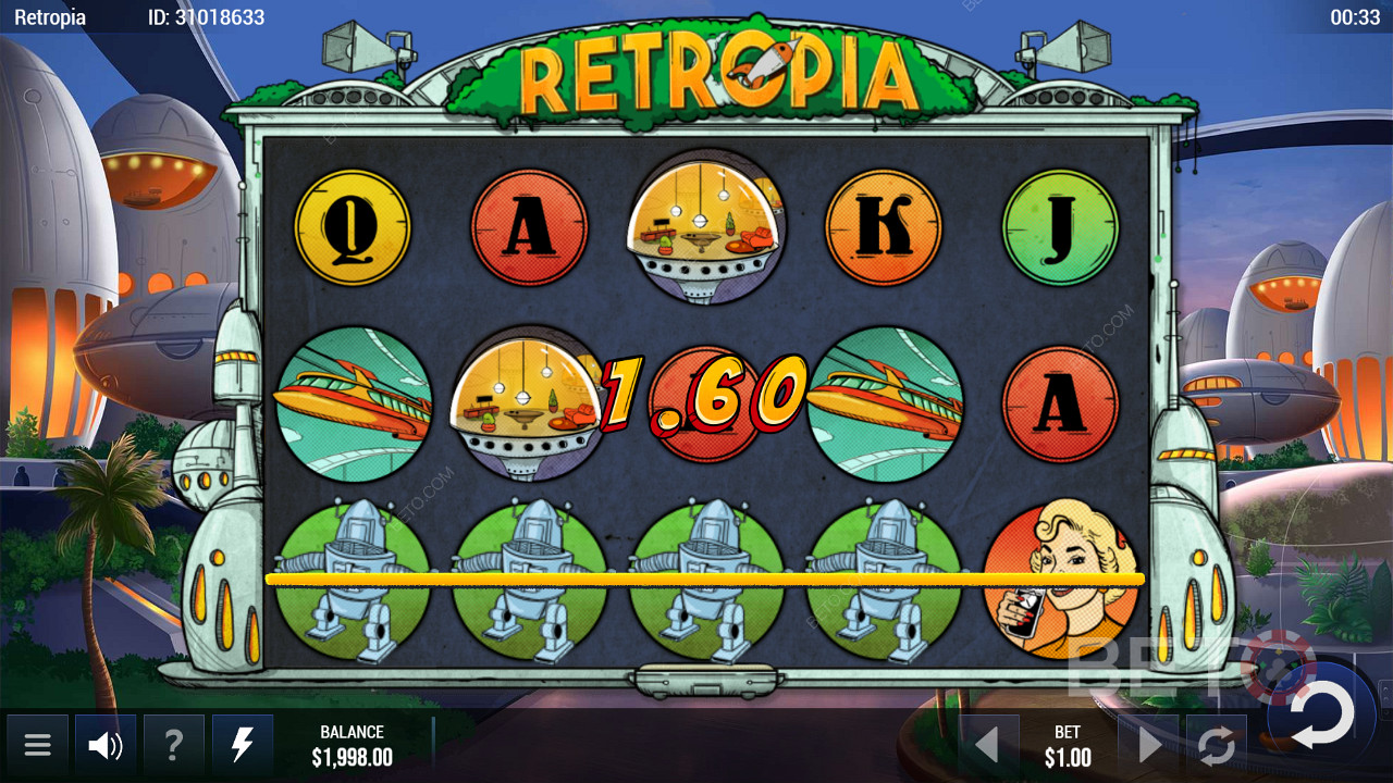 Utnyttja 25 vinstlinjer och få enkla vinster i Retropia spelautomat.