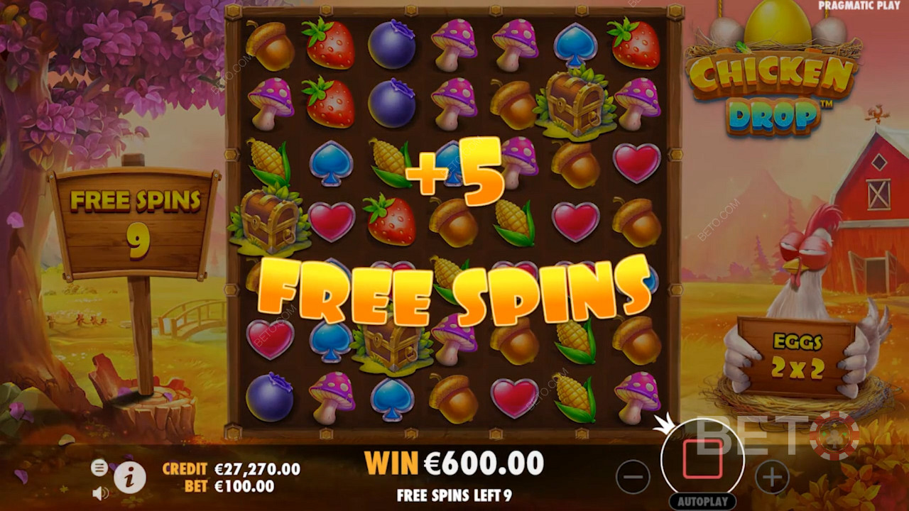 Njut av 5 extra Free Spins i Chicken Drop slot genom att landa 4 eller fler bonussymboler.