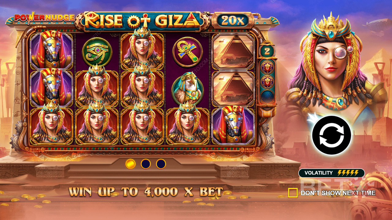 Vinn upp till 4 000x din insats i Rise of Giza PowerNudge online-slot.