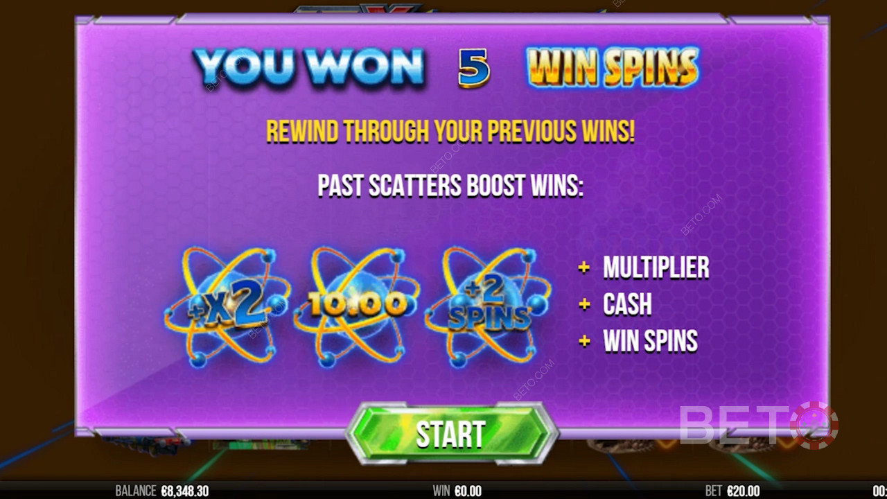 10x Rewinds introskärm som visar information om Free Spins-bonusen.