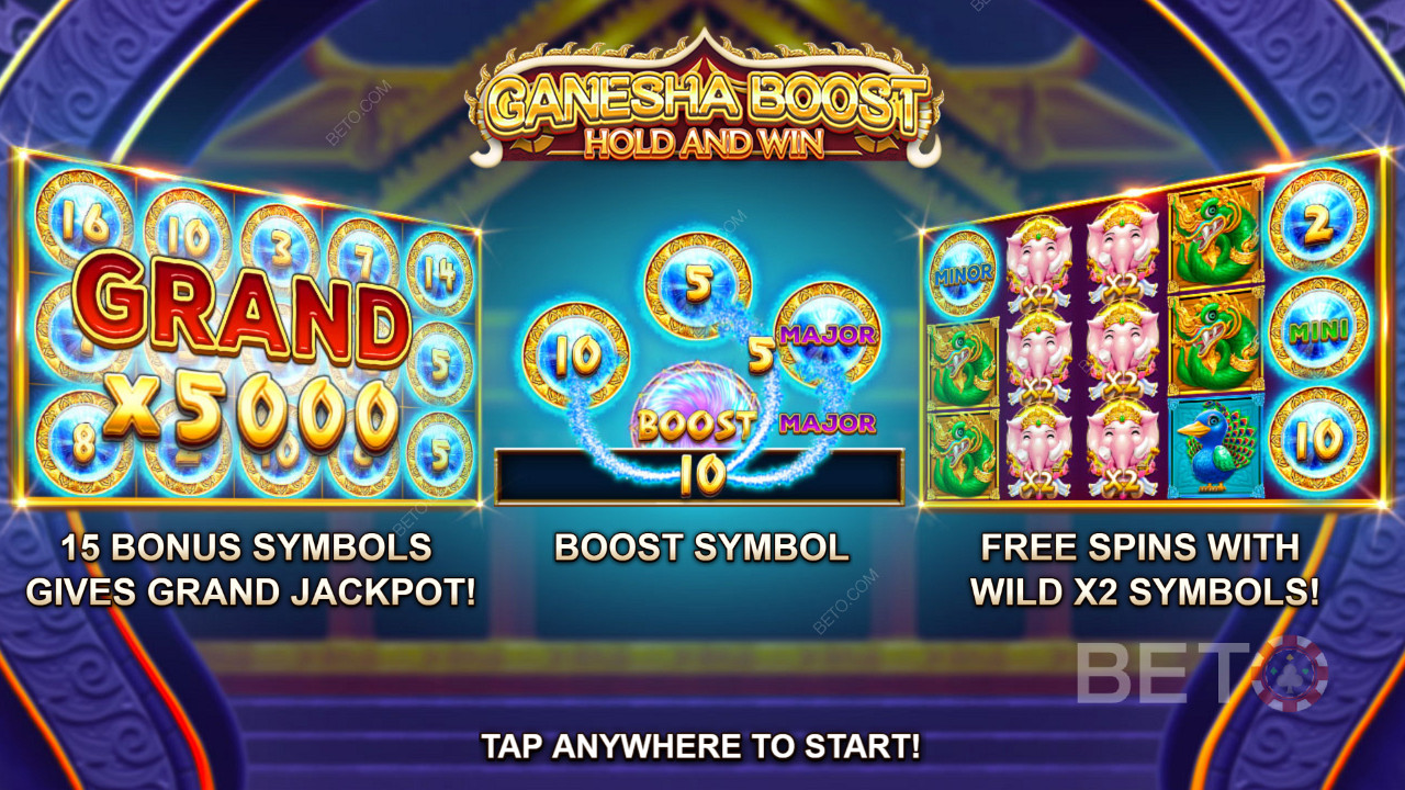 Njut av free spins, Boost-funktionen och respins i Ganesha Boost Hold and Win Slot.