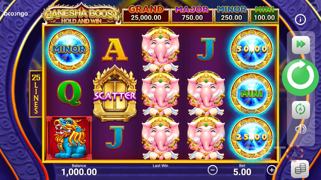 Njut av jackpottar genom att landa dem i bonusspelet i Ganesha Boost Hold and Win slot.