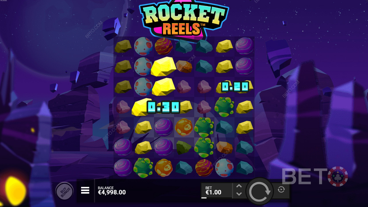 Cluster Pays kräver att spelaren får minst 5 identiska symboler för en Cluster-vinst.