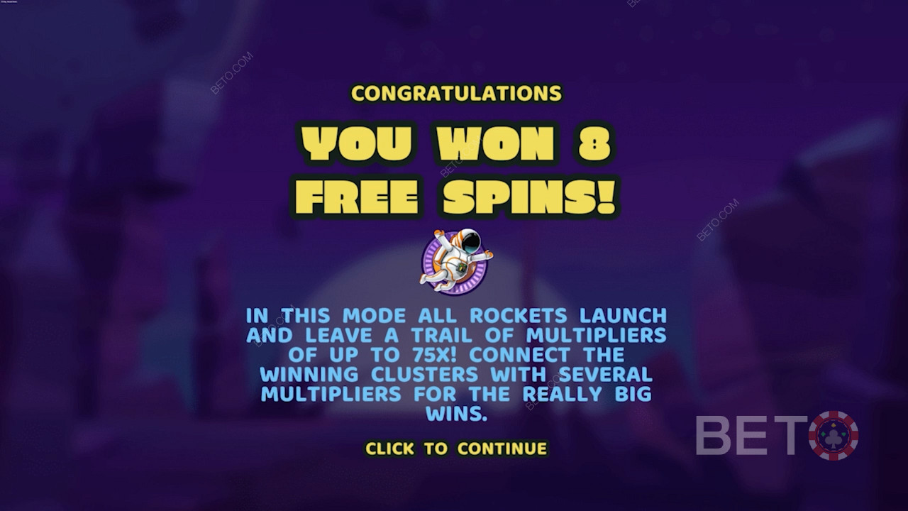 Om du landar på 3 Spaceman-symboler aktiveras Free Spins-spelet i denna spelautomat.