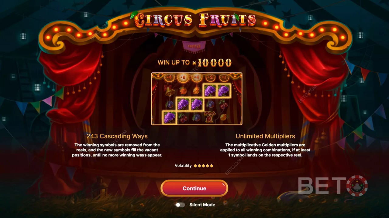 Circus Fruits tema-inspirerade introskärm
