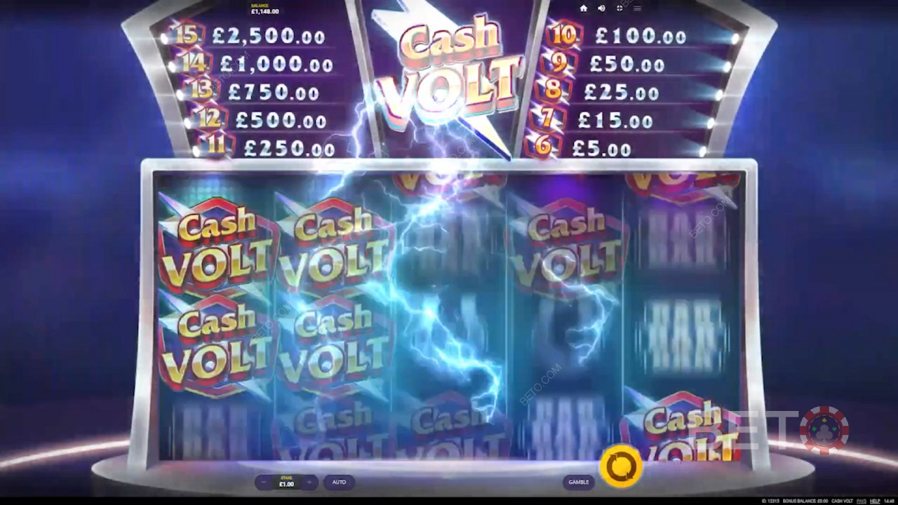 Spela för att vinna spännande belöningar som är värda upp till 2 500x insatsen i Cash Volt-slotspelet.