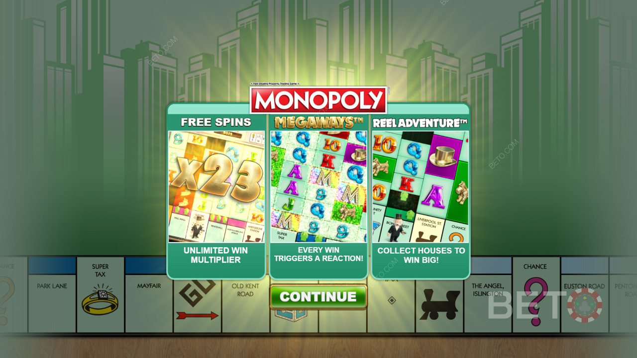 Startskärmen för Monopoly Megaways