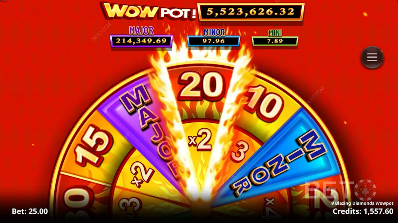 Ta chansen att vinna galna Wowpot Jackpot-vinster i 9 Blazing Diamonds Wowpot-slot.
