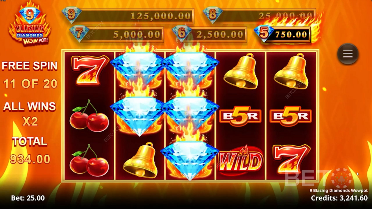 Upptäck spännande free spins-bonusar och kontantpriser i slotten 9 Blazing Diamonds Wowpot.