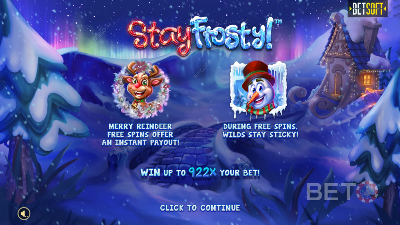 Ingångsskärmen i Stay Frosty! Merry Reindeer Free Spins & Max Win på 922x din insats!