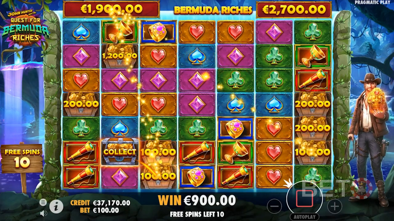 Minst 3 Scatters utlöser Free Spins i John Hunter and the Quest for Bermuda Riches.