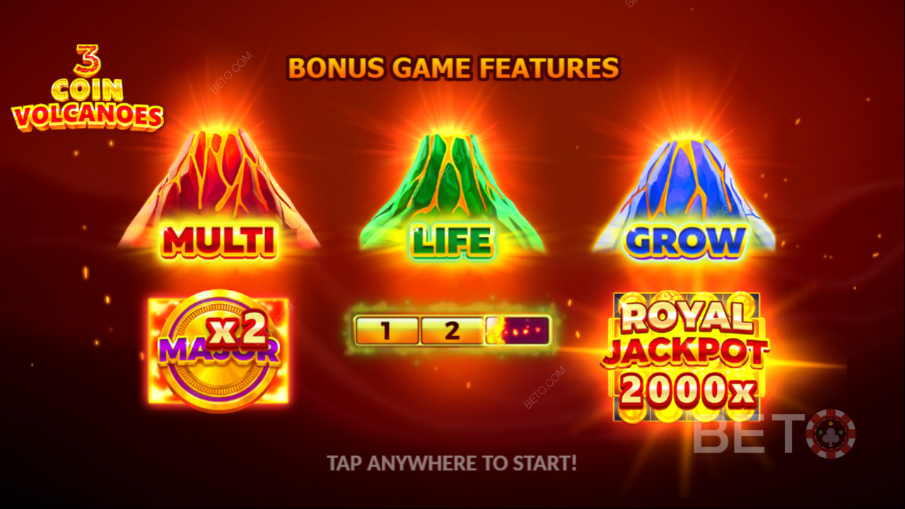 Vinn 2 000 gånger din insats i 3 Coin Volcanoes Slot Online!