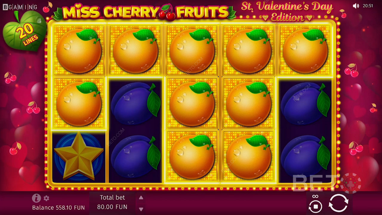 Massor av orangefärgade symboler på Miss Cherry Fruits Slot