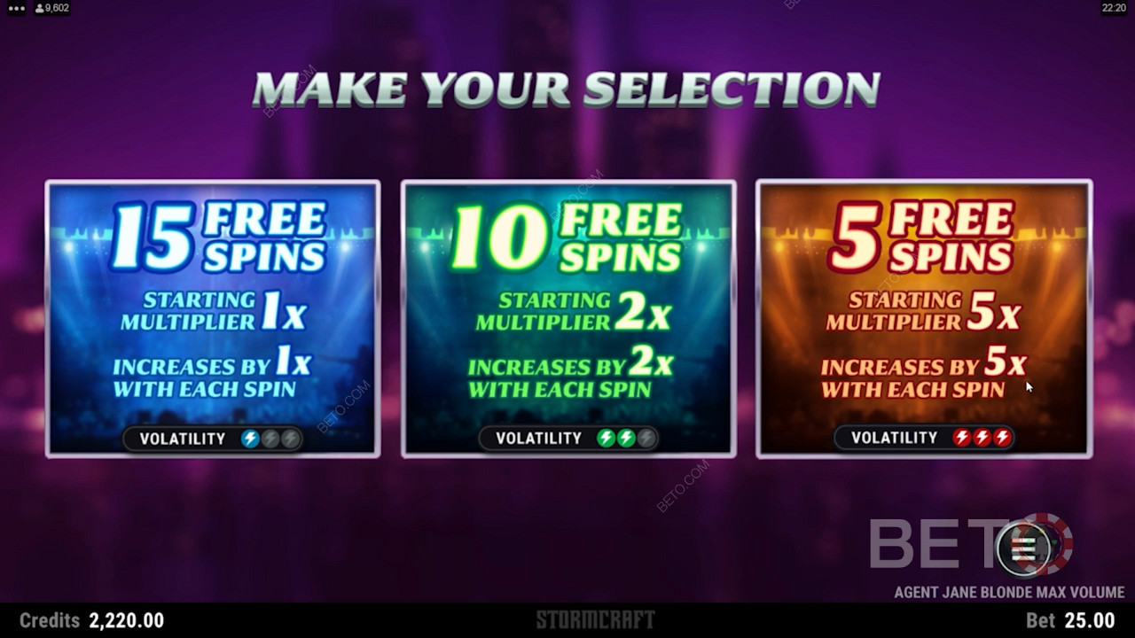 Aktivera bonusspelet och välj mellan 3 Free Spins och Multiplier-bonusar.