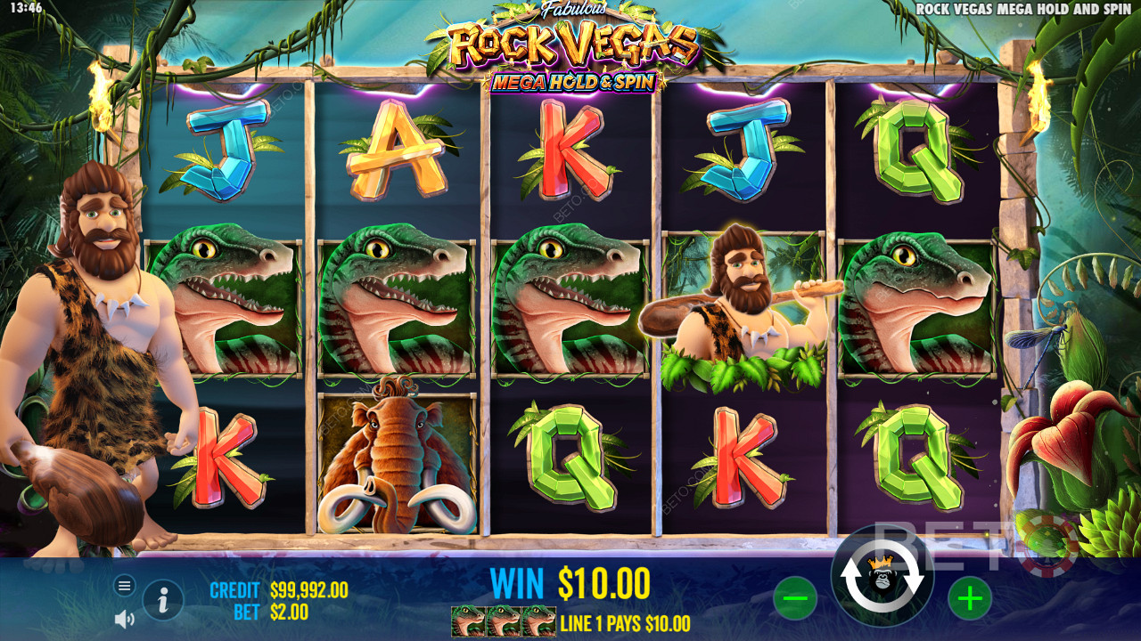Besök farliga djur och tidiga människor i spelautomaten Rock Vegas.