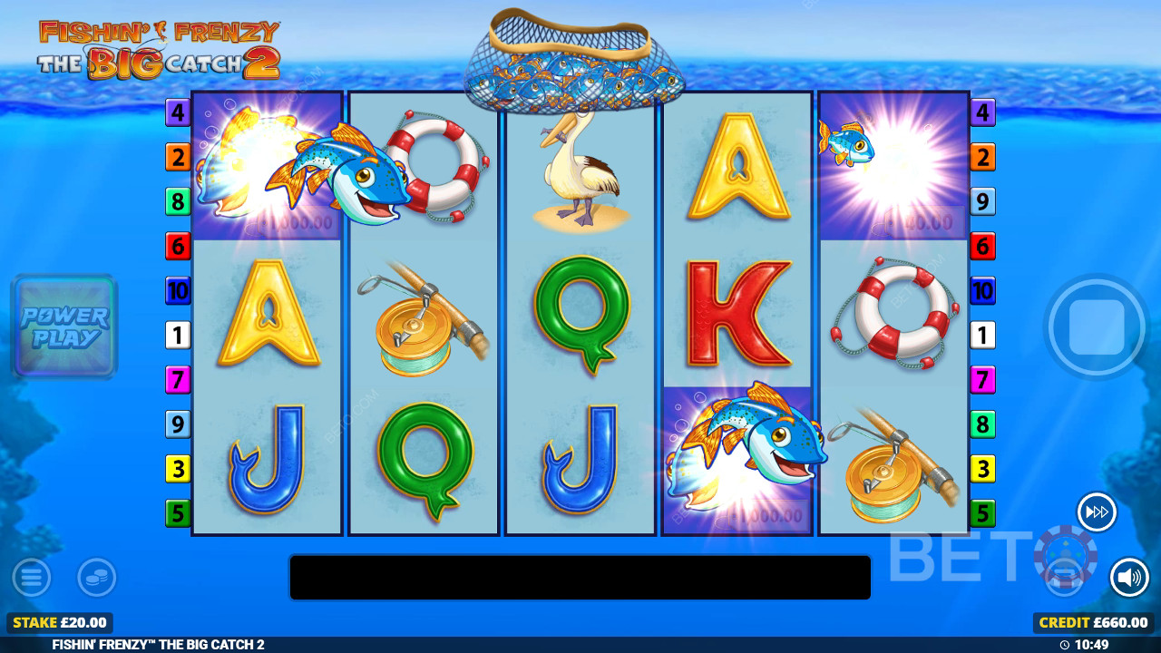 Vinn 5 000 gånger din insats i Fishin Frenzy The Big Catch 2-spelautomaten online!