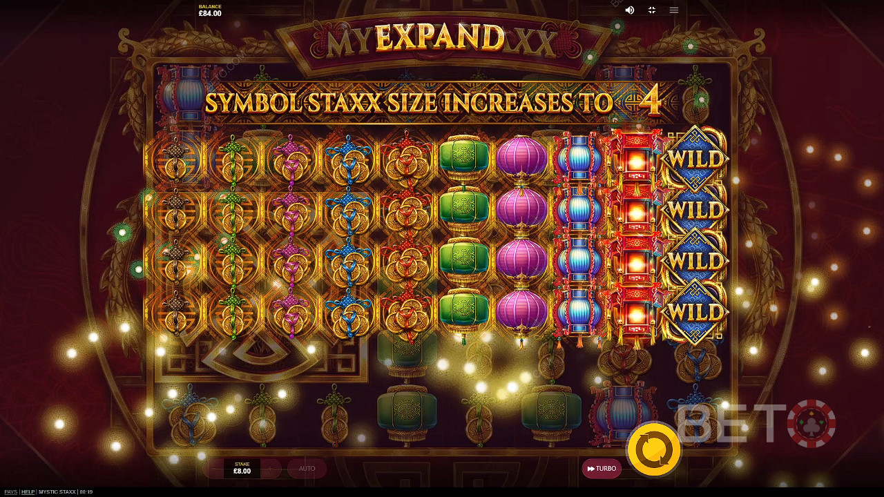 Ett enda snurr med expanderade symboler kan ge dig stora vinster i spelautomaten Mystic Staxx