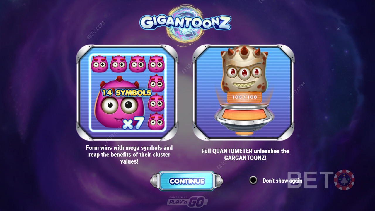 Njut av megasymboler, 4 modifierare och klustervinster i spelautomaten Gigantoonz.