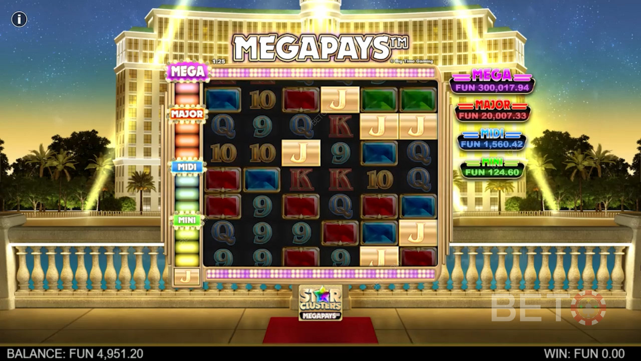 Landa minst 4 gånger på Megapays-symbolen för att vinna i Star Clusters Megapays-spelautomaten