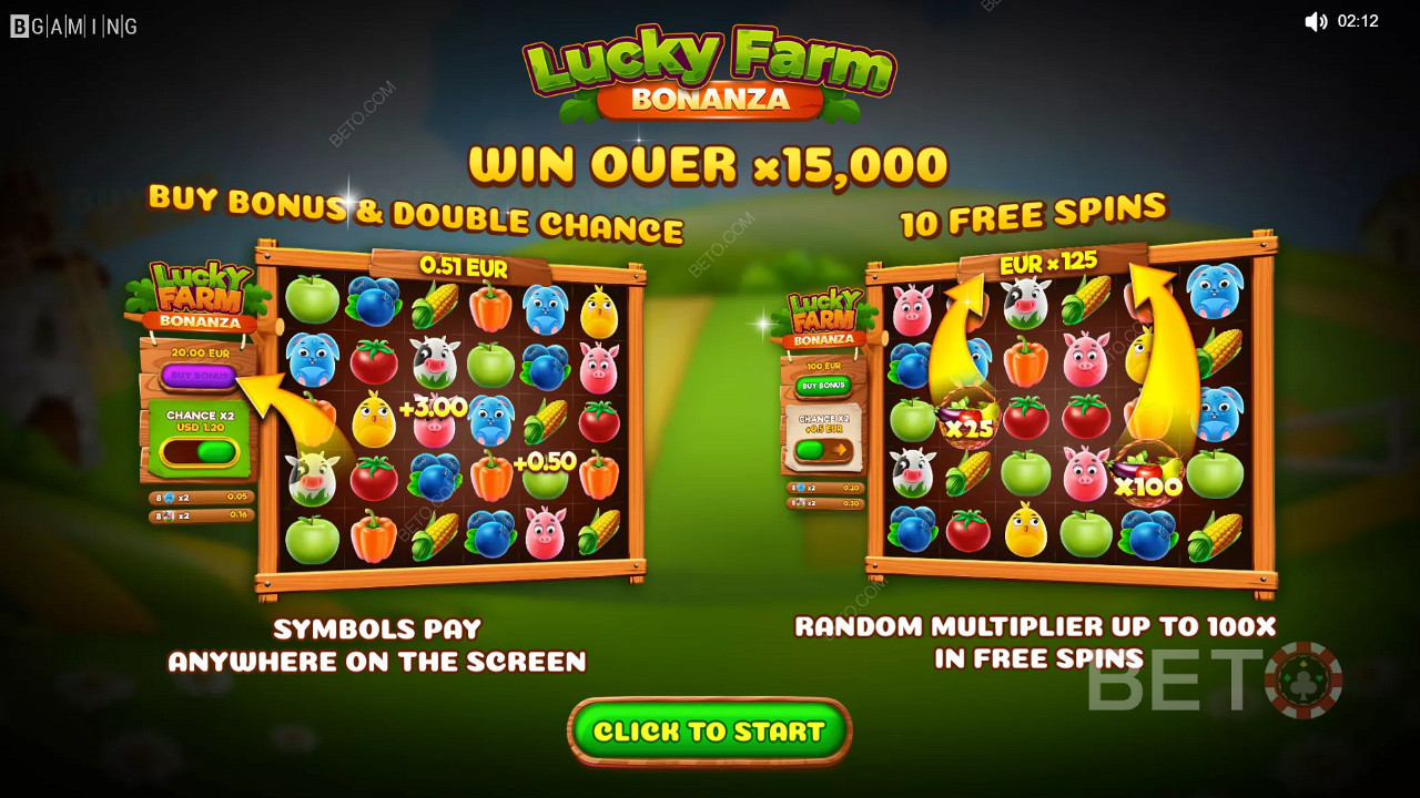 Njut av multiplikatorer, dubbelchans och gratissnurr i Lucky Farm Bonanza-kasinospelet