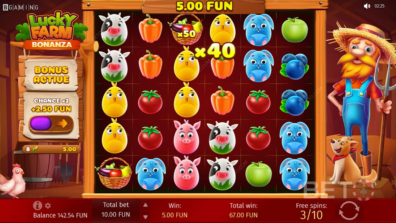 Njut av multiplikatorer i gratissnurr i Lucky Farm online slot