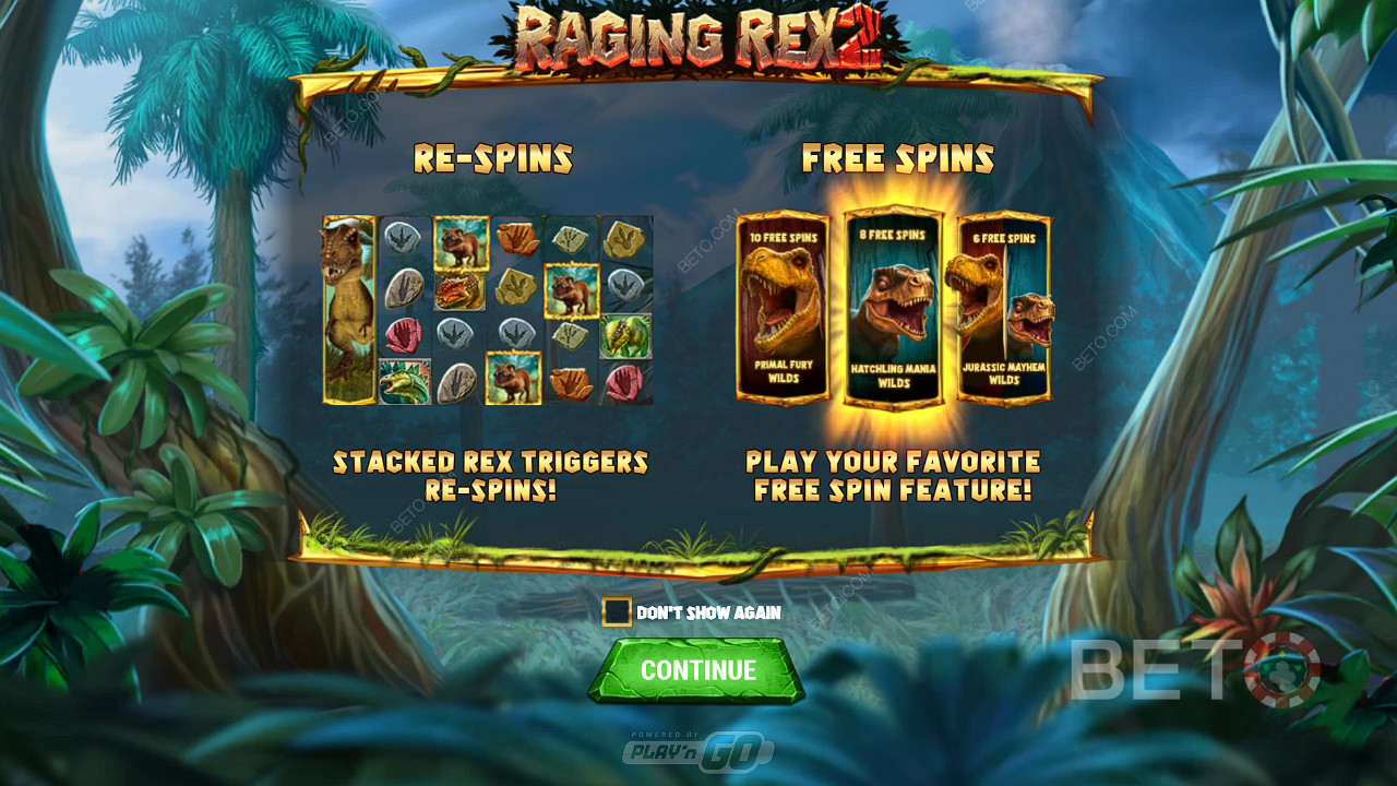 Njut av Respins och 3 typer av gratissnurr i spelautomaten Raging Rex 2