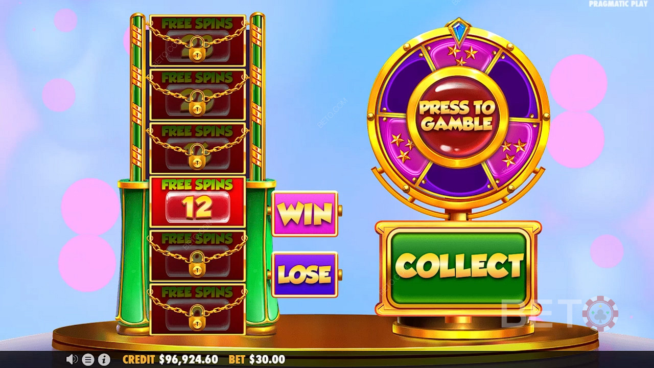 Snurra hjulet i Gamble-funktionen för att låsa upp bonus Free Spins.