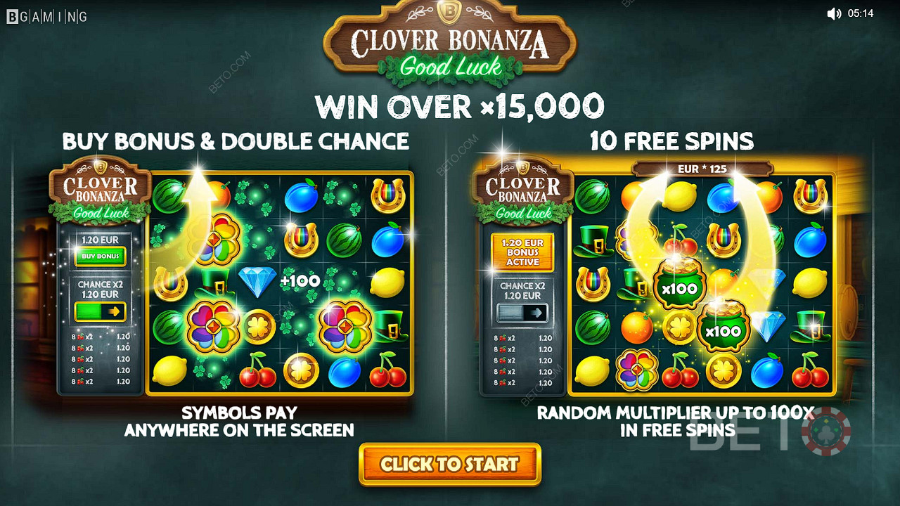 Njut av Buy Bonus, Double Chance och Free Spins-funktioner i slotspelet Clover Bonanza.