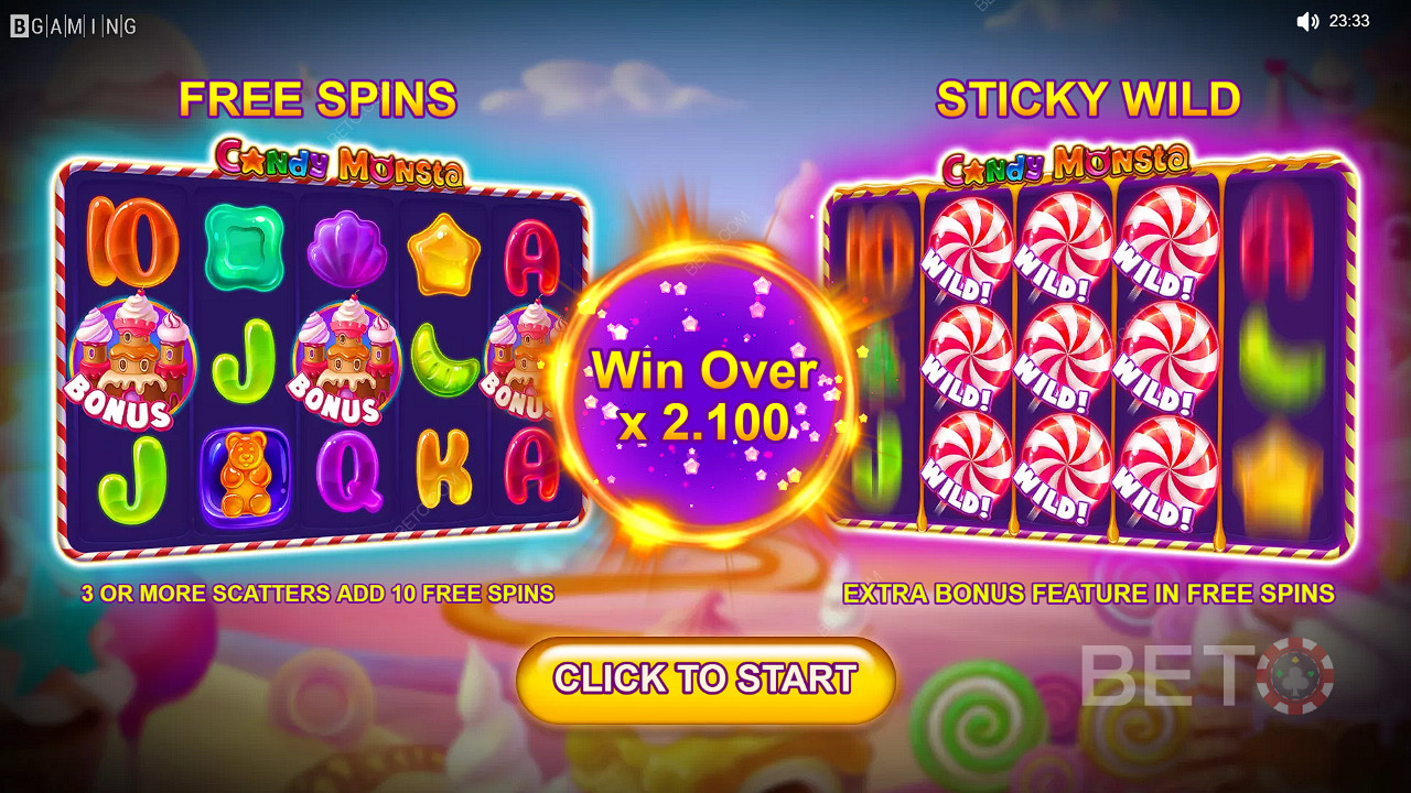 Spela Candy Monsta Slot - nu för en chans att vinna kontantpriser värda 1 000 gånger den totala insatsen