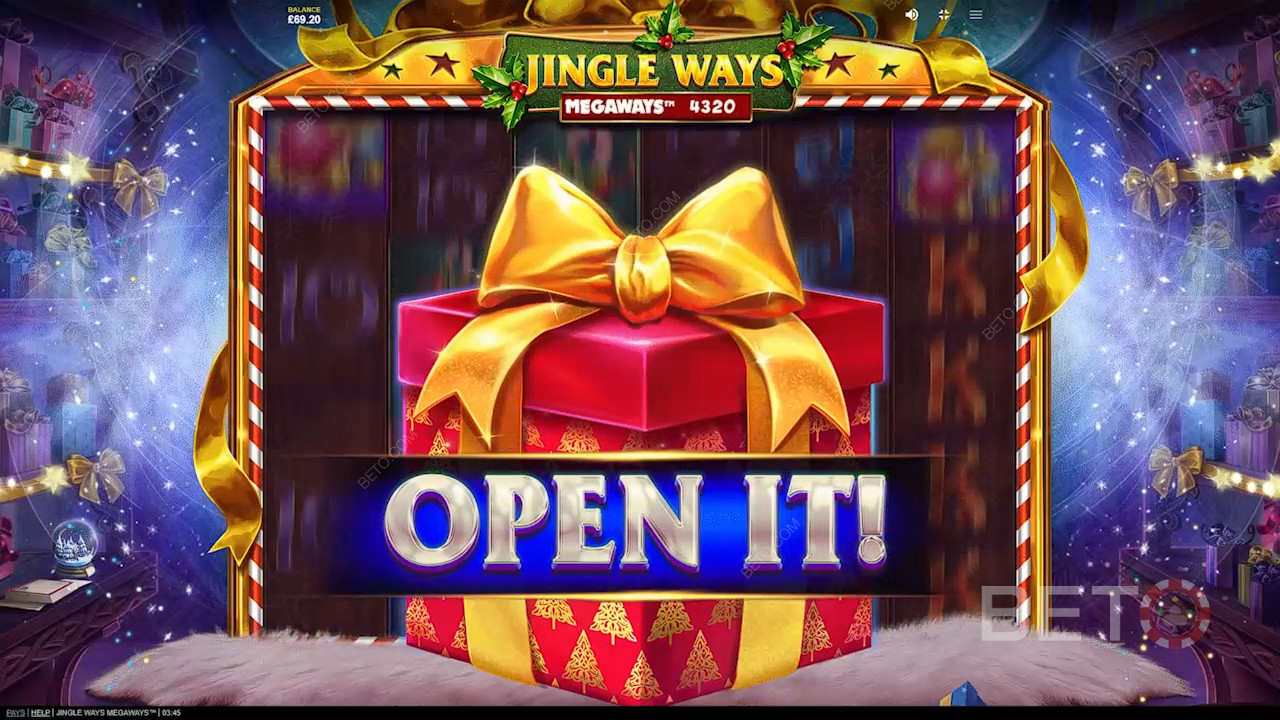 Öppna presenten för att avslöja kraftfulla funktioner i Jingle Ways Megaways slot.