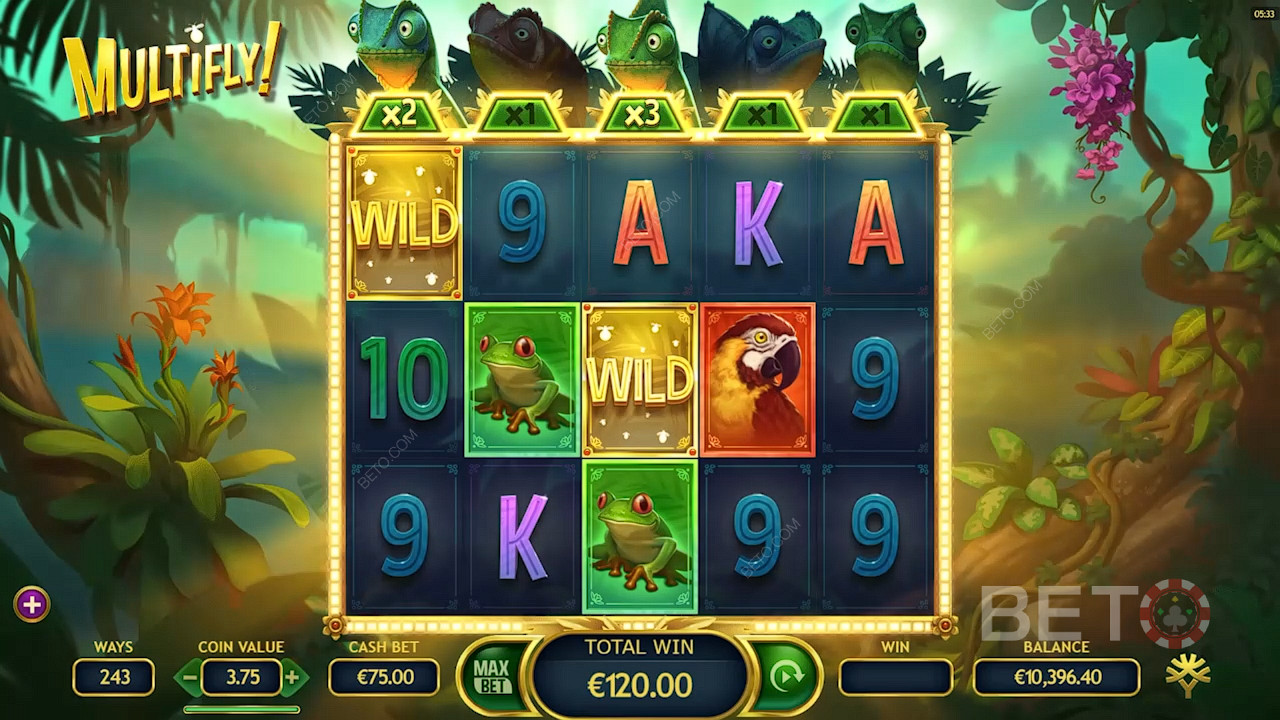 Wild-symboler ökar multiplikatorerna på hjulen i MultiFly-slotspelet.