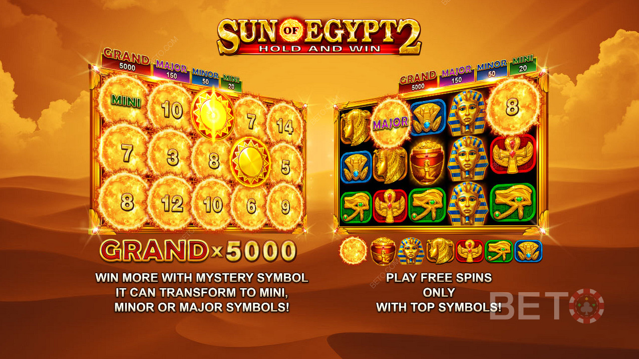 Ta del av jackpottar värda upp till 5 000 gånger insatsen och gratissnurr i spelautomaten Sun of Egypt 2