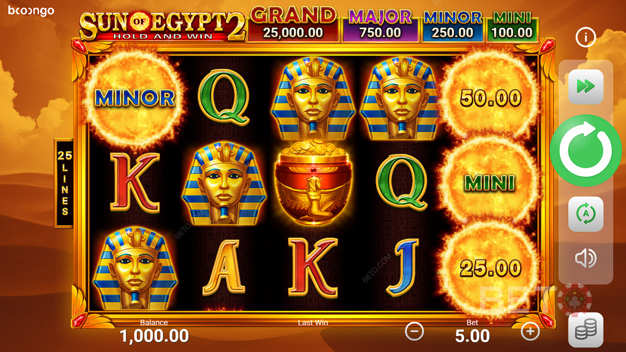 Sex eller fler bonussymboler utlöser bonusspelet i spelautomaten Sun of Egypt 2