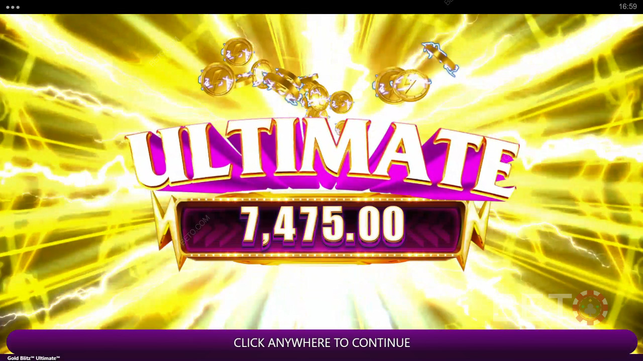 Vinn 2 500 gånger din insats i Gold Blitz Ultimate Slot Machine!