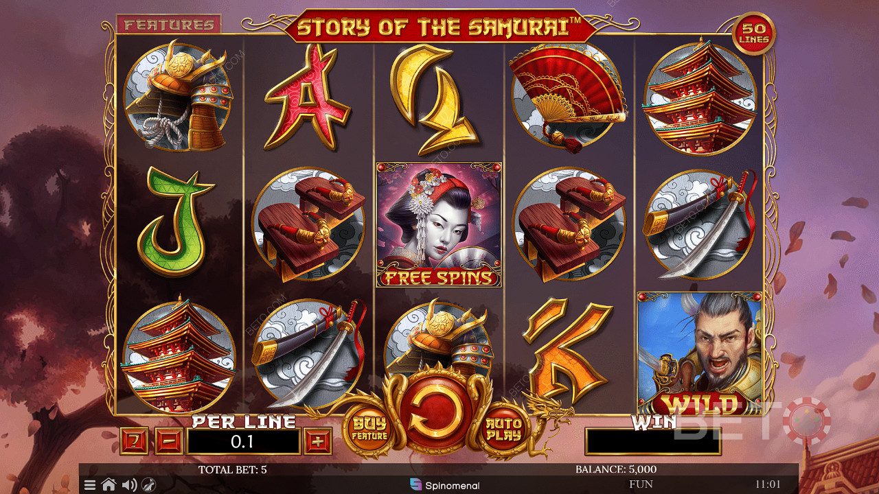 Du kan klicka på Köp-funktionen för att köpa gratissnurr i spelautomaten Story of The Samurai
