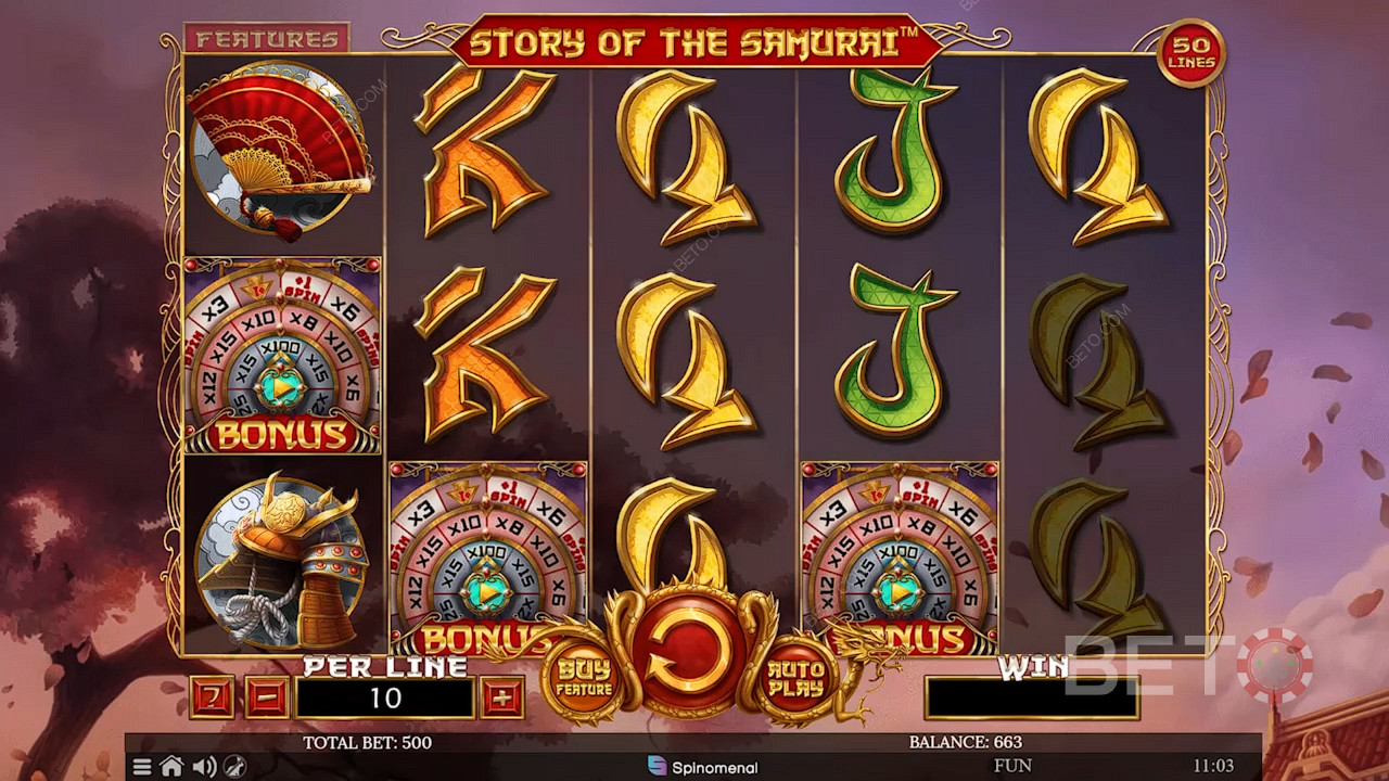 3 eller fler bonussymboler utlöser bonusspelet i spelautomaten Story of The Samurai