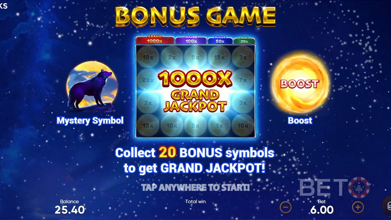 Samla 20 bonussymboler i bonusspelet för att låsa upp den stora jackpotten.