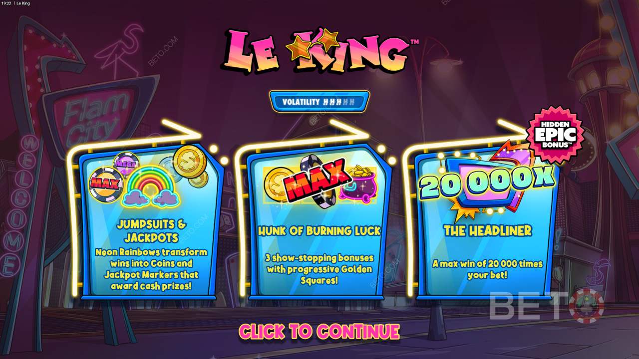 Vinn 20 000 gånger din insats i Le King-spelautomaten online!