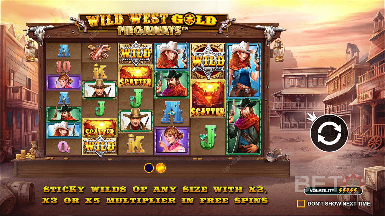 Sticky Wilds med multiplikatorer upp till 5x finns i Wild West Gold Megaways slot.