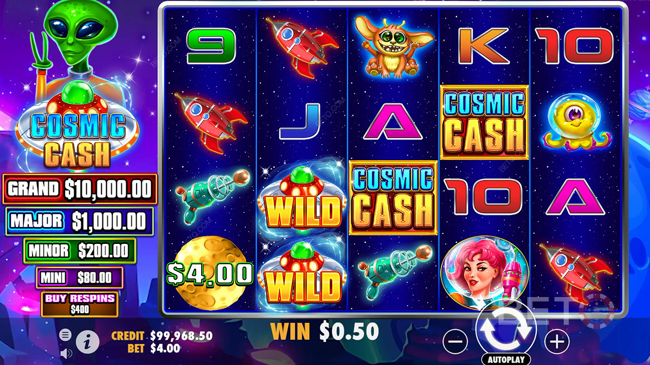 Det finns gott om Wild-symboler i grundspelet i Cosmic Cash casino slot.